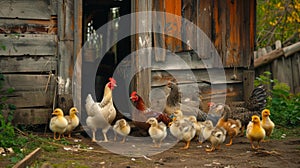 Rooster and Chickens. Free Range Cock and Hens.