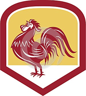 Rooster Cockerel Crowing Side Woodcut Shield