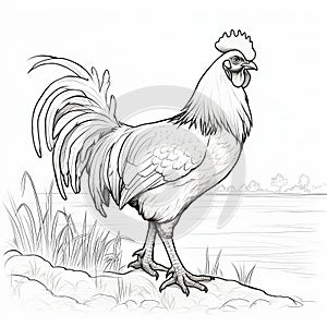 Rooster Coloring Page Vector Illustration On Grass And Lake Background