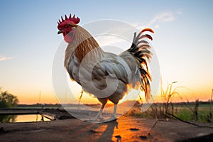 a rooster crowing at dawn