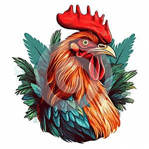 Rooster is depicted in image, with red comb and green leaves. The bird has an orange beak and stands on top of some