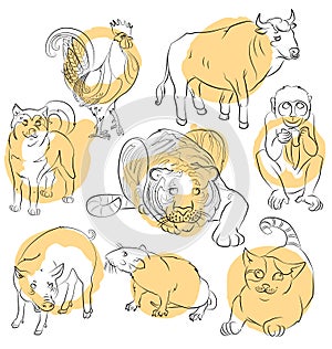 Rooster, dog, pig, rat, cat, monkey, tiger and ox