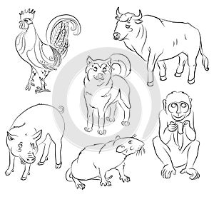 Rooster, dog, pig, rat, monkey and ox