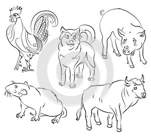 Rooster, dog, pig, rat and ox