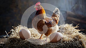 Rooster with eggs in nest inside rustic barn