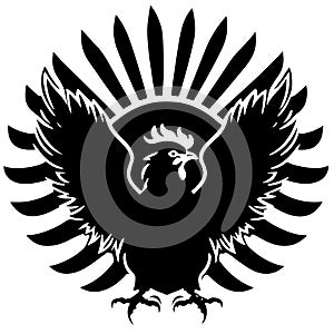 Rooster among feathers and with spread wings stylized as a coat of arms. Good for tattoo. Editable vector monochrome image with