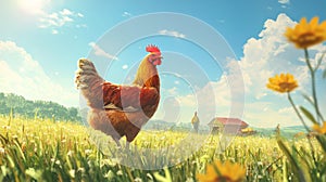 Rooster in a Field with a Farmer and a Barn in the Distance