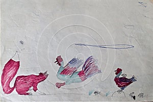 Rooster fighting a fox and defending the hen and chicks