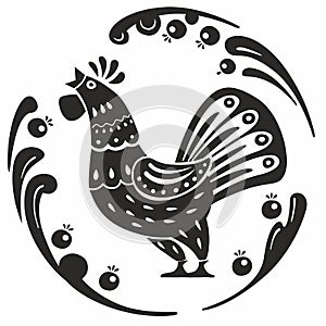 Rooster folk graphics. The style of Russian historical painting. Vector black and white graphics