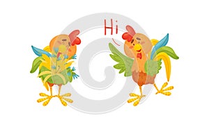 Rooster Funny Character with Bright Feathers Holding Bunch of Flower and Greeting Vector Set