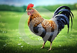 Rooster grazing on green grass