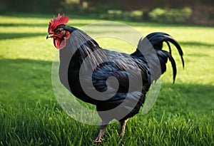 Rooster grazing on green grass