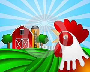 Rooster on Green Pasture with Red Barn Grain Silo