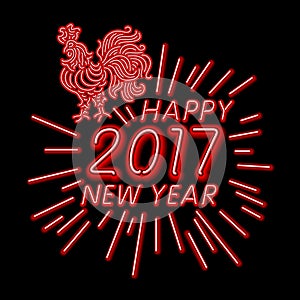 The rooster happy new year greeting card design template. 2017 new year calendar symbol or rooster, glowing neon light on dar