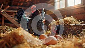 The rooster in a barn.AI generated image
