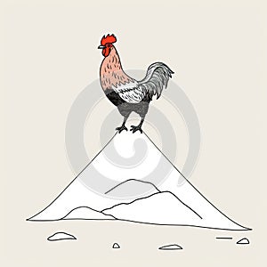 Rooster On A High Mountain: Editorial Cartooning Style Illustration