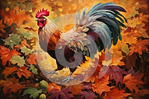 Rooster jumping in autumn leaves. Generate ai