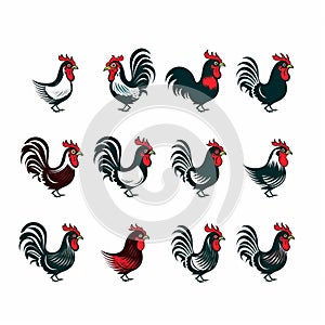 Rooster Logo Icons Vector Set - Black And Red Silhouettes