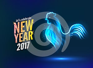 The rooster new year greeting card design template. 2017 new year calendar symbol or rooster, glowing neon light on