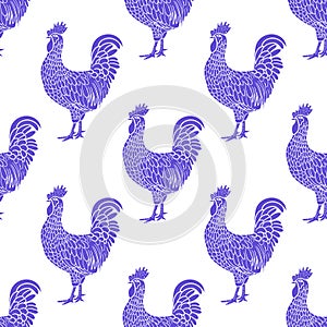 Rooster Pattern. Hen or chicken hand drawn with contour lines on white background. Elegant monochrome drawing of
