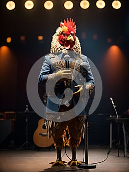 Rooster Performing on Stage. AI generated