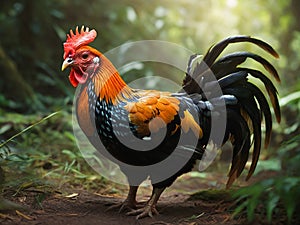 Rooster roaming in the forest