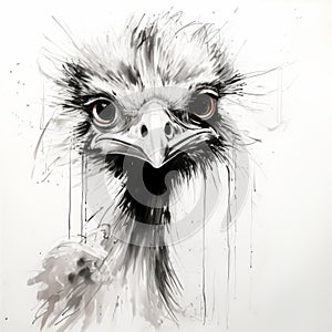 Aggressive Ostrich Sketch With Dripping Paint - Wildlife Muralism
