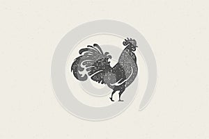 Rooster silhouette for poultry farm industry hand drawn stamp effect vector illustration.