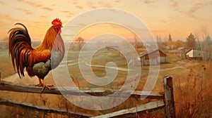 A rooster sits on the fence and crows in the morning on the farm