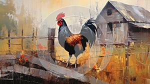 A rooster sits on the fence and crows in the morning on the farm