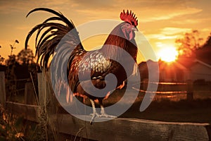 Rooster sitting on the fence against the backdrop of the rising sun