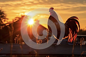 Rooster sitting on the fence against the backdrop of the rising sun