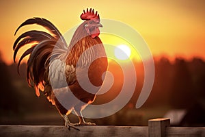 Rooster sitting on the fence against the backdrop of the rising sun