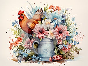 A Rooster Sitting In A Vase Of Flowers