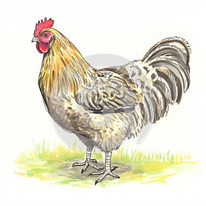 a rooster is standing in the grass on a white background