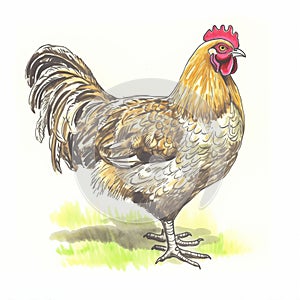 a rooster is standing in the grass on a white background