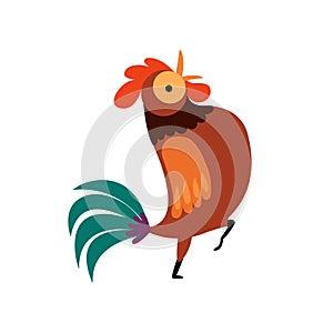 Rooster Standing on One Leg, Farm Cock with Bright Plumage, Poultry Farming Vector Illustration