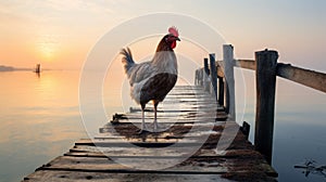 Empathetic Rooster: A Mythological Journey On A Wooden Pier