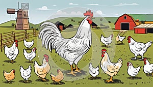 A rooster stands in front of a flock of chickens