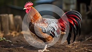 Rooster stands proud, pecking grass, nature majestic vitality generated by AI