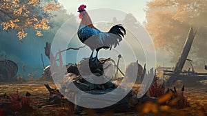 a rooster stands on a stump on a farm destroyed by a hurricane