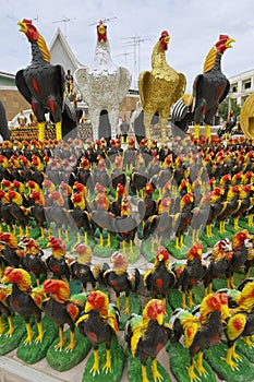 Rooster statuettes at the monument to the King Naresuan the Great in Suphan Buri, Thailand.