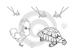 Rooster and tortoise, colouring book page uncolored