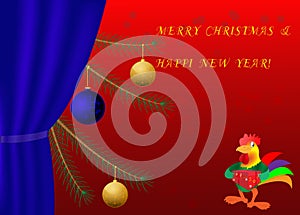 Rooster year new year christmas tree vector card