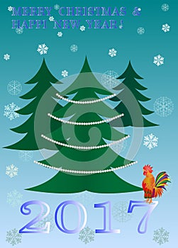 Rooster year new year christmas tree vector card