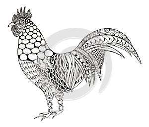 Rooster zentangle stylized, vector, illustration, pattern, freehand pencil, hand drawn. black and white. Ornate. Zen art.
