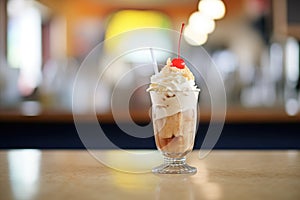 root beer float with a cherry on top, on a diner counter