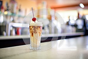 root beer float with a cherry on top, on a diner counter