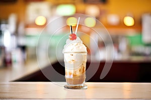 root beer float with a cherry on top, on a diner counter