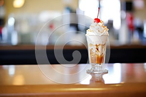 root beer float with a cherry on top, on a diner counter